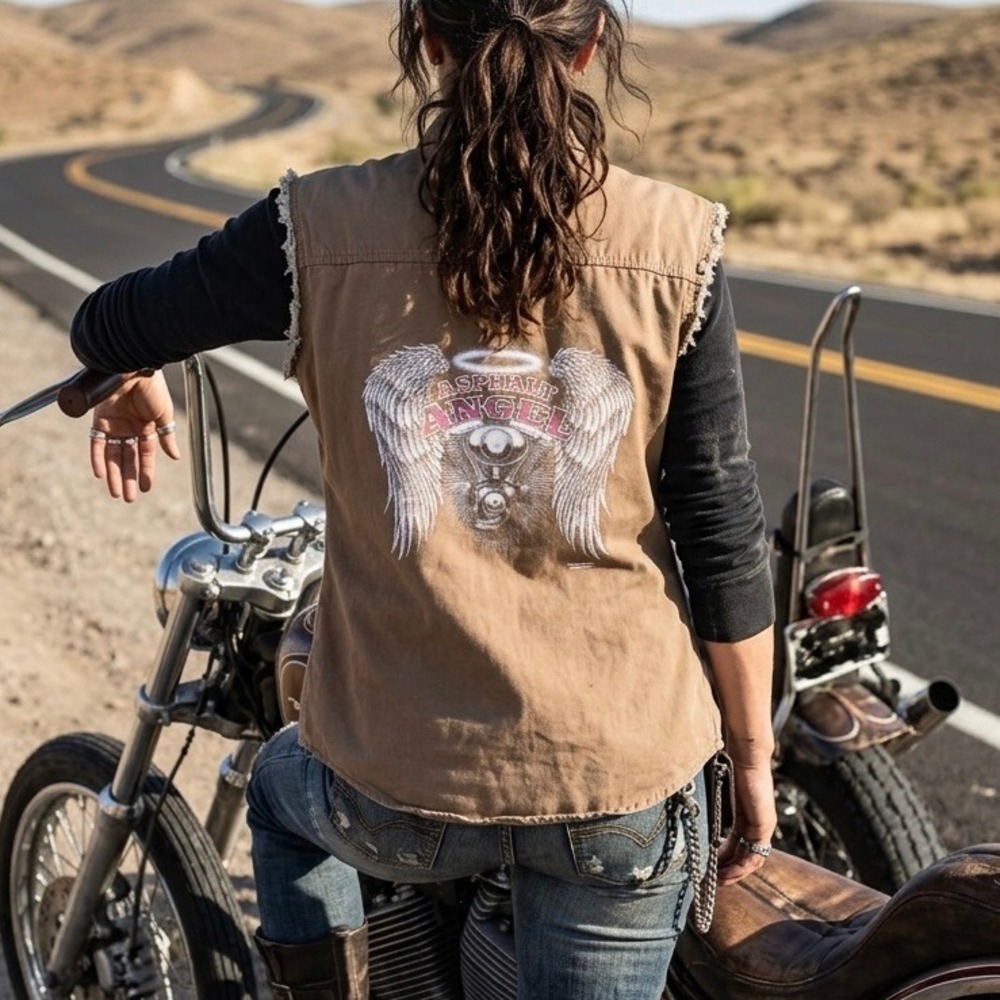 Bikers Edge Womens Asphalt Angel Graphic Sleeveless Denim Vest Tan XL